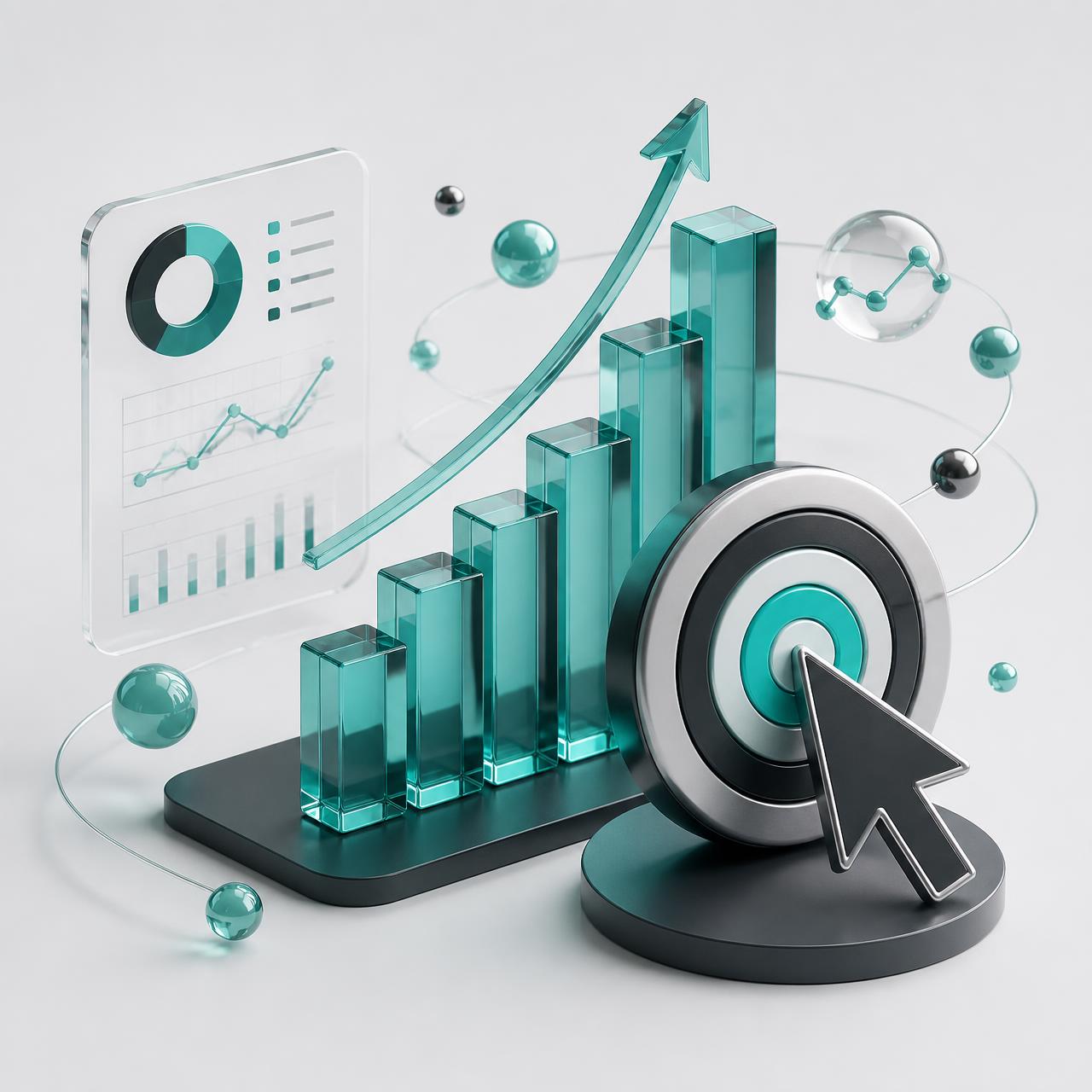 Abstract growth marketing illustration with rising glass bars and a target